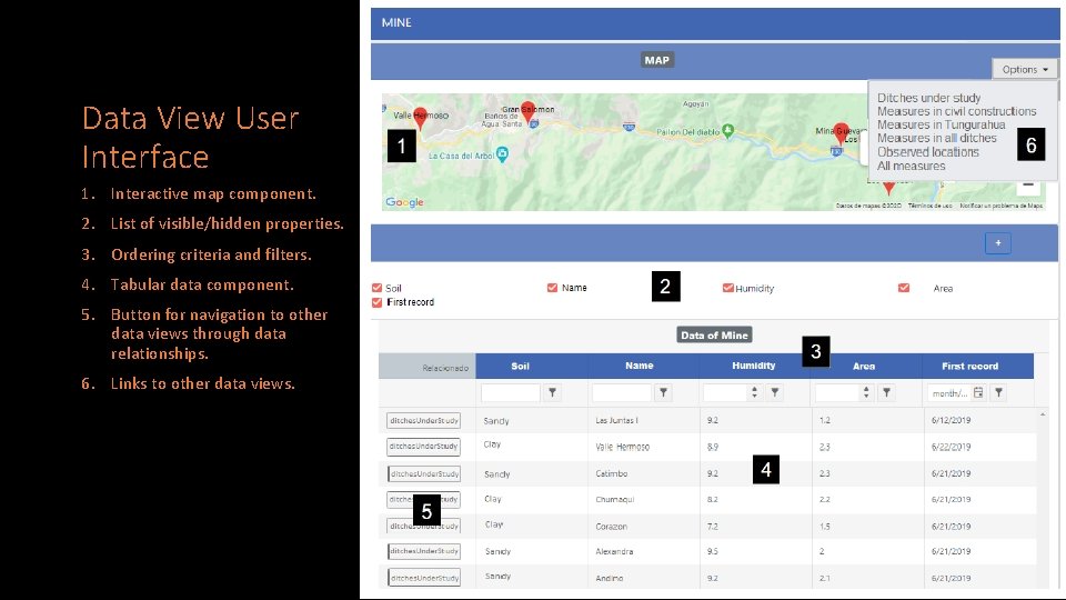 Data View User Interface 1. Interactive map component. 2. List of visible/hidden properties. 3.