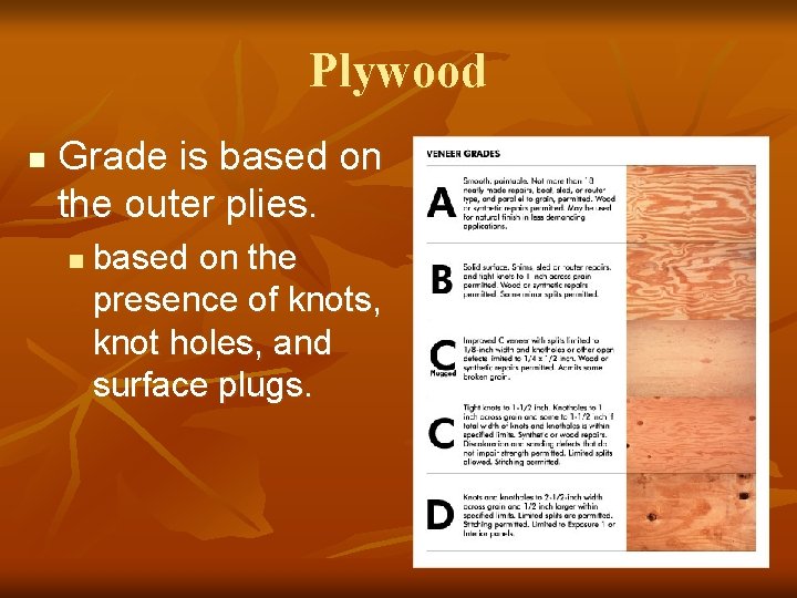 Plywood n Grade is based on the outer plies. n based on the presence