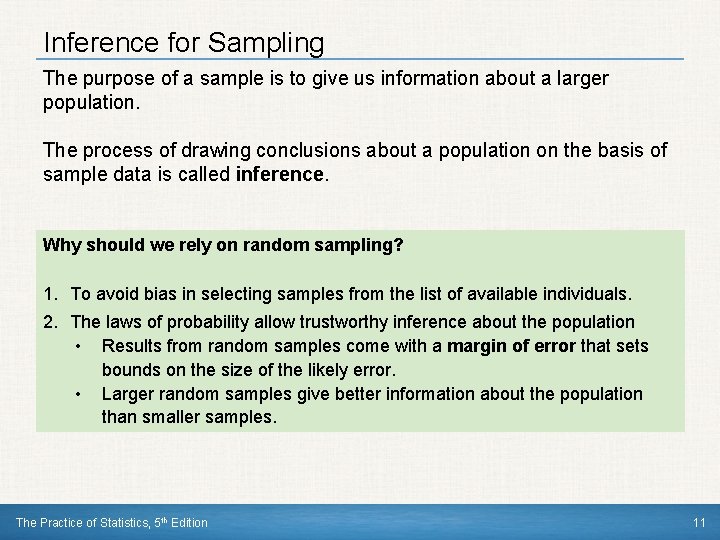 Inference for Sampling The purpose of a sample is to give us information about