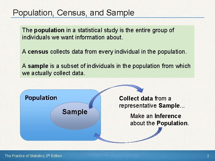 Population, Census, and Sample The population in a statistical study is the entire group