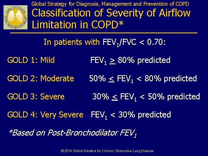Global Strategy for Diagnosis, Management and Prevention of COPD Classification of Severity of Airflow