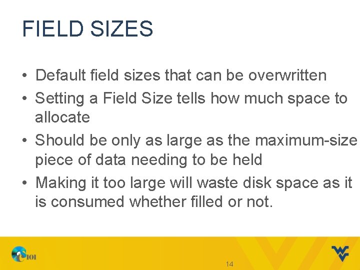 FIELD SIZES • Default field sizes that can be overwritten • Setting a Field