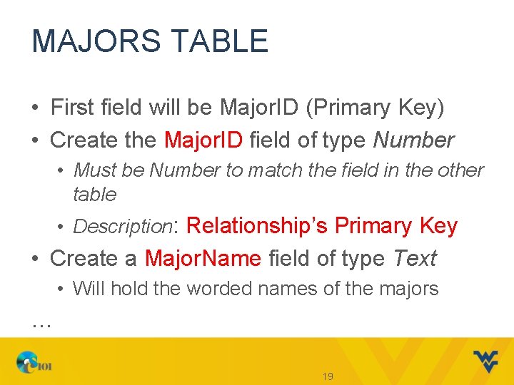 MAJORS TABLE • First field will be Major. ID (Primary Key) • Create the