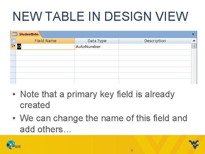 NEW TABLE IN DESIGN VIEW • Note that a primary key field is already