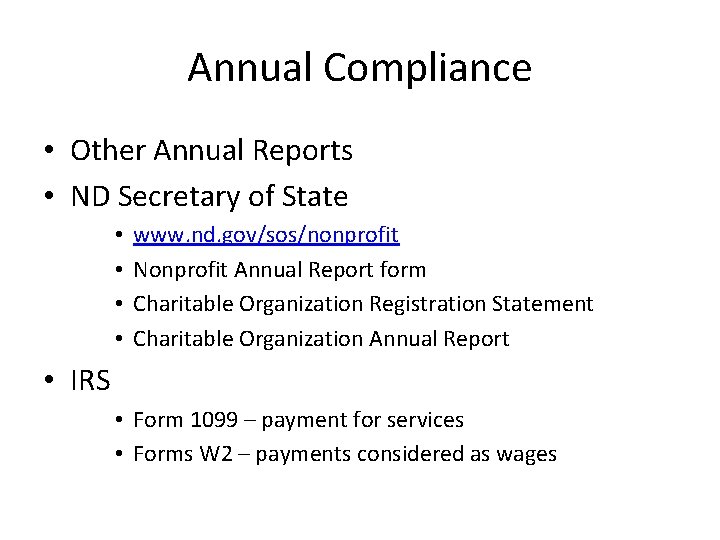 Annual Compliance • Other Annual Reports • ND Secretary of State • • www.