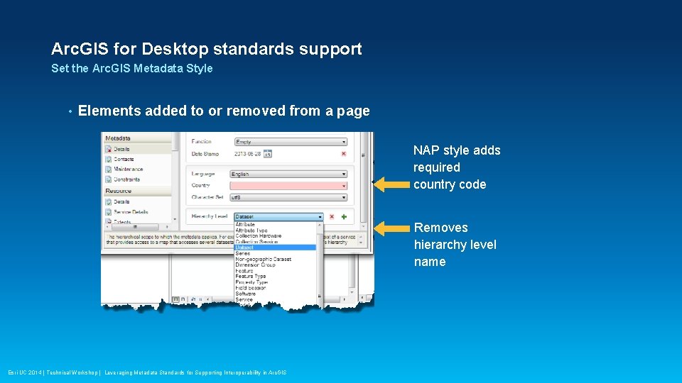 Arc. GIS for Desktop standards support Set the Arc. GIS Metadata Style • Elements