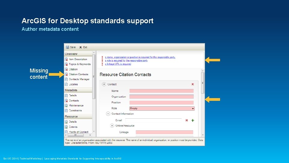 Arc. GIS for Desktop standards support Author metadata content Missing content Esri UC 2014