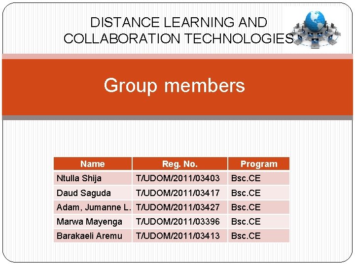 DISTANCE LEARNING AND COLLABORATION TECHNOLOGIES Group members Name Reg. No. Program Ntulla Shija T/UDOM/2011/03403