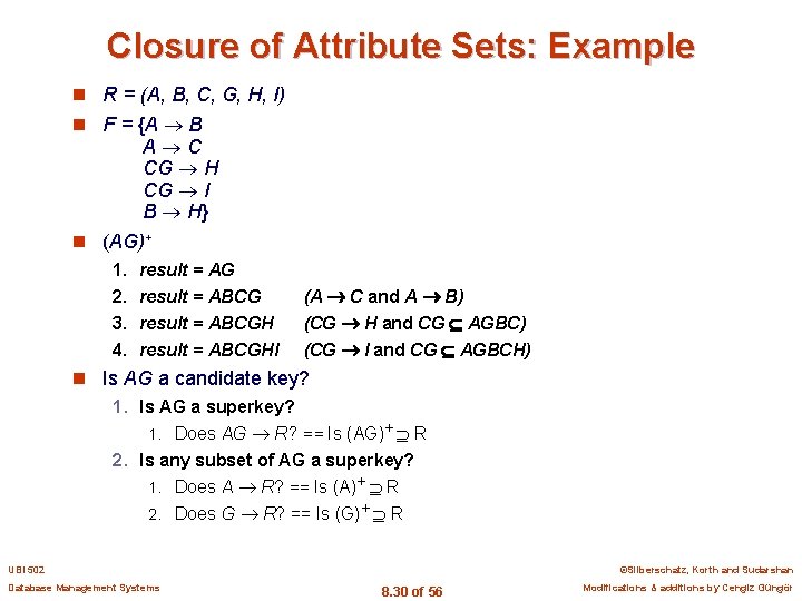 Closure of Attribute Sets: Example n R = (A, B, C, G, H, I)