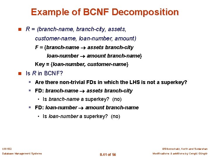 Example of BCNF Decomposition n R = (branch-name, branch-city, assets, customer-name, loan-number, amount) F