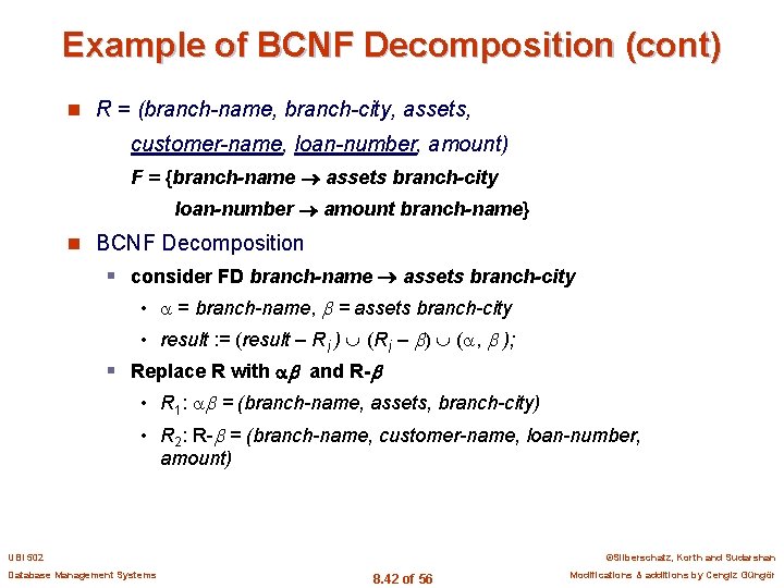Example of BCNF Decomposition (cont) n R = (branch-name, branch-city, assets, customer-name, loan-number, amount)