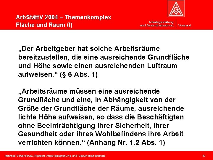 Arb. Stätt. V 2004 – Themenkomplex Fläche und Raum (I) Arbeitsgestaltung und Gesundheitsschutz Vorstand