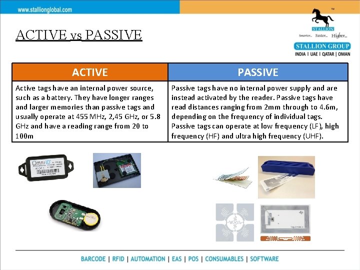ACTIVE VS PASSIVE ACTIVE Active tags have an internal power source, such as a