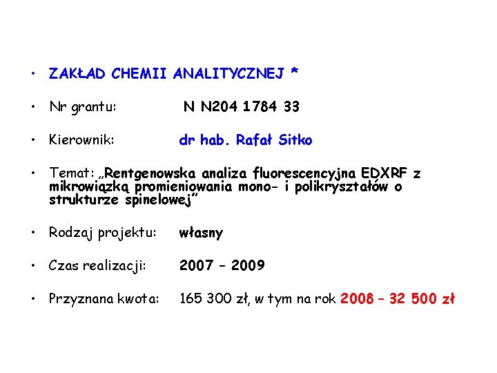  • ZAKŁAD CHEMII ANALITYCZNEJ * • Nr grantu: N N 204 1784 33