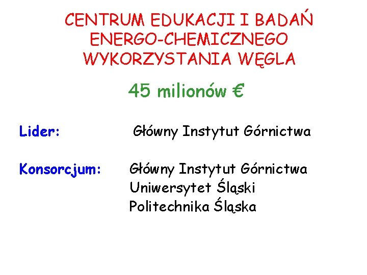 CENTRUM EDUKACJI I BADAŃ ENERGO-CHEMICZNEGO WYKORZYSTANIA WĘGLA 45 milionów € Lider: Główny Instytut Górnictwa