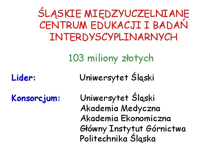 ŚLĄSKIE MIĘDZYUCZELNIANE CENTRUM EDUKACJI I BADAŃ INTERDYSCYPLINARNYCH 103 miliony złotych Lider: Uniwersytet Śląski Konsorcjum: