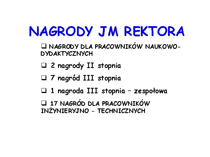 NAGRODY JM REKTORA q NAGRODY DLA PRACOWNIKÓW NAUKOWODYDAKTYCZNYCH q 2 nagrody II stopnia q