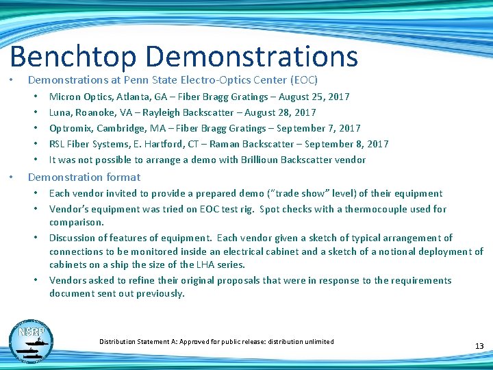 Benchtop Demonstrations • Demonstrations at Penn State Electro-Optics Center (EOC) • • • Micron