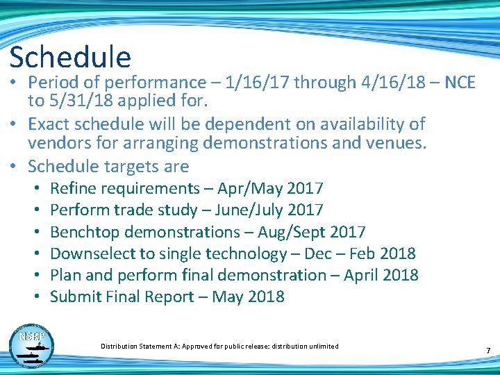 Schedule • Period of performance – 1/16/17 through 4/16/18 – NCE to 5/31/18 applied