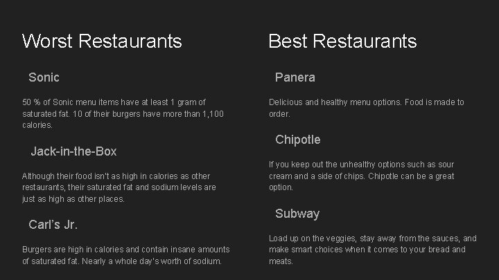 Worst Restaurants Sonic 50 % of Sonic menu items have at least 1 gram