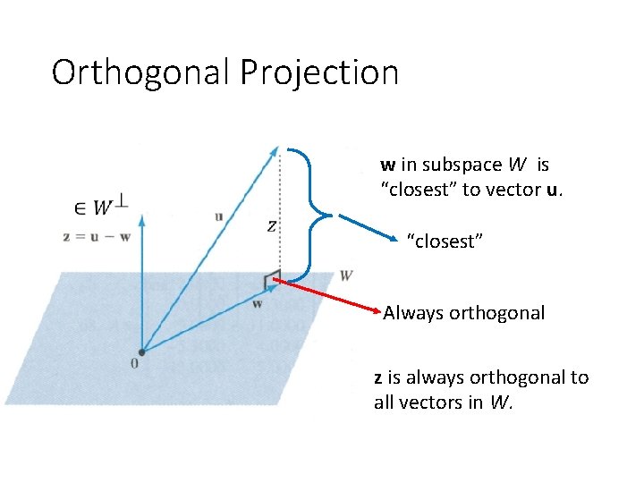 Orthogonal Projection w in subspace W is “closest” to vector u. “closest” Always orthogonal
