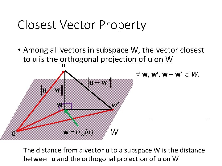 Closest Vector Property • Among all vectors in subspace W, the vector closest to