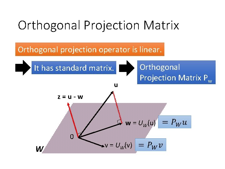 Orthogonal Projection Matrix Orthogonal projection operator is linear. Orthogonal Projection Matrix Pw It has