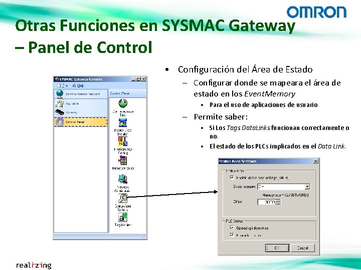Otras Funciones en SYSMAC Gateway – Panel de Control • Configuración del Área de