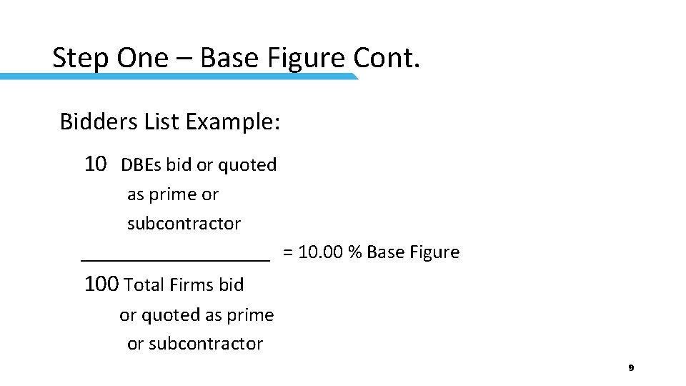 Step One – Base Figure Cont. Bidders List Example: 10 DBEs bid or quoted