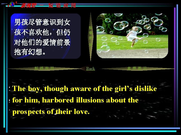 C NH E 新视野 - 短 语 应 用 男孩尽管意识到女 孩不喜欢他,但仍 对······(不)抱幻想 对他们的爱情前景 抱有幻想。 C NH E 新视野 - 短 语 应 用 男孩尽管意识到女 孩不喜欢他,但仍 对······(不)抱幻想 对他们的爱情前景 抱有幻想。