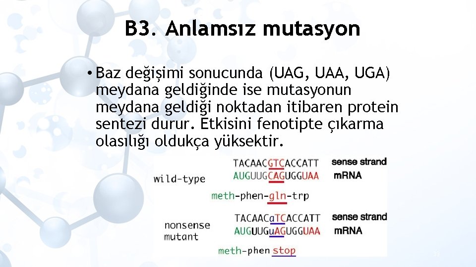 B 3. Anlamsız mutasyon • Baz değişimi sonucunda (UAG, UAA, UGA) meydana geldiğinde ise