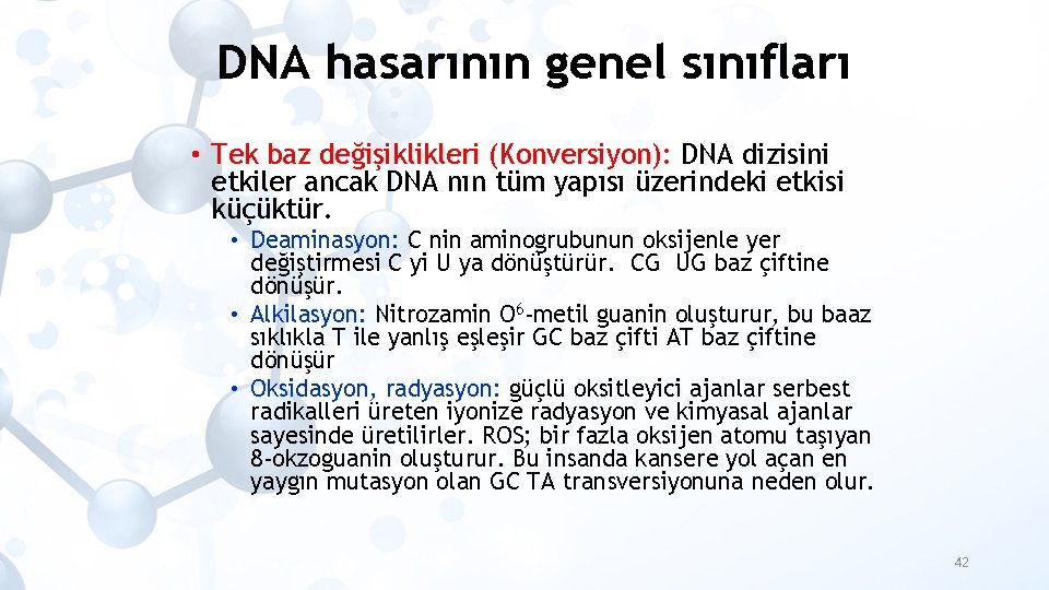 DNA hasarının genel sınıfları • Tek baz değişiklikleri (Konversiyon): DNA dizisini etkiler ancak DNA