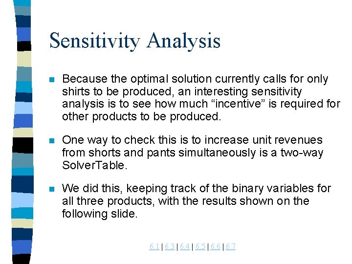 Sensitivity Analysis n Because the optimal solution currently calls for only shirts to be Sensitivity Analysis n Because the optimal solution currently calls for only shirts to be