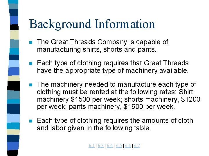 Background Information n The Great Threads Company is capable of manufacturing shirts, shorts and Background Information n The Great Threads Company is capable of manufacturing shirts, shorts and