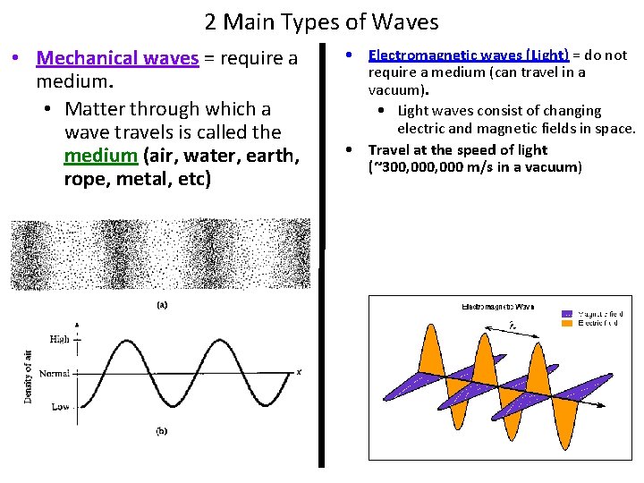2 Main Types of Waves • Mechanical waves = require a medium. • Matter