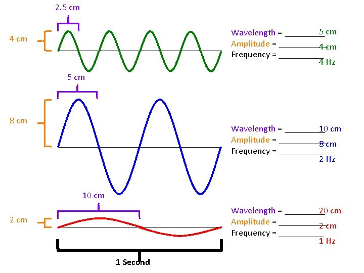 2. 5 cm Wavelength = _____ Amplitude = ______ 4 cm Frequency = _____