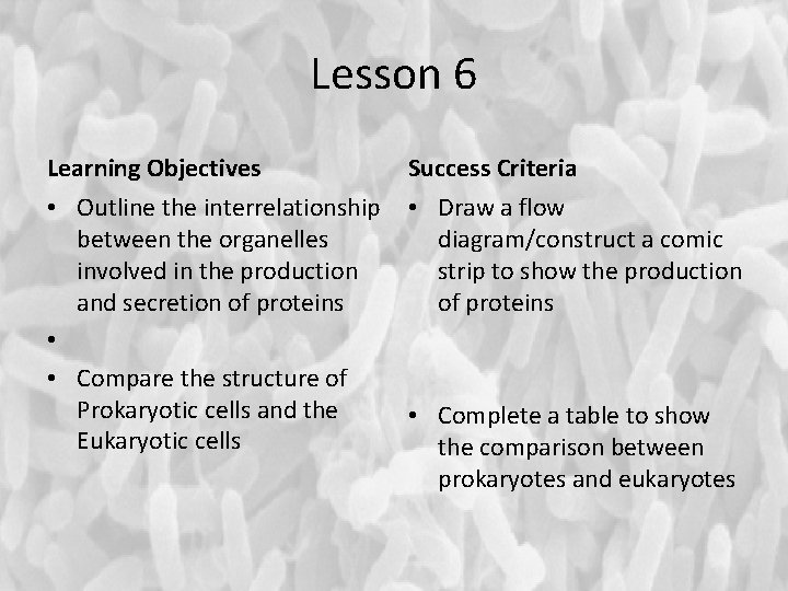 Lesson 6 Learning Objectives Success Criteria • Outline the interrelationship between the organelles involved