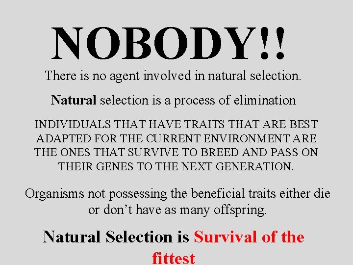 NOBODY!! There is no agent involved in natural selection. Natural selection is a process