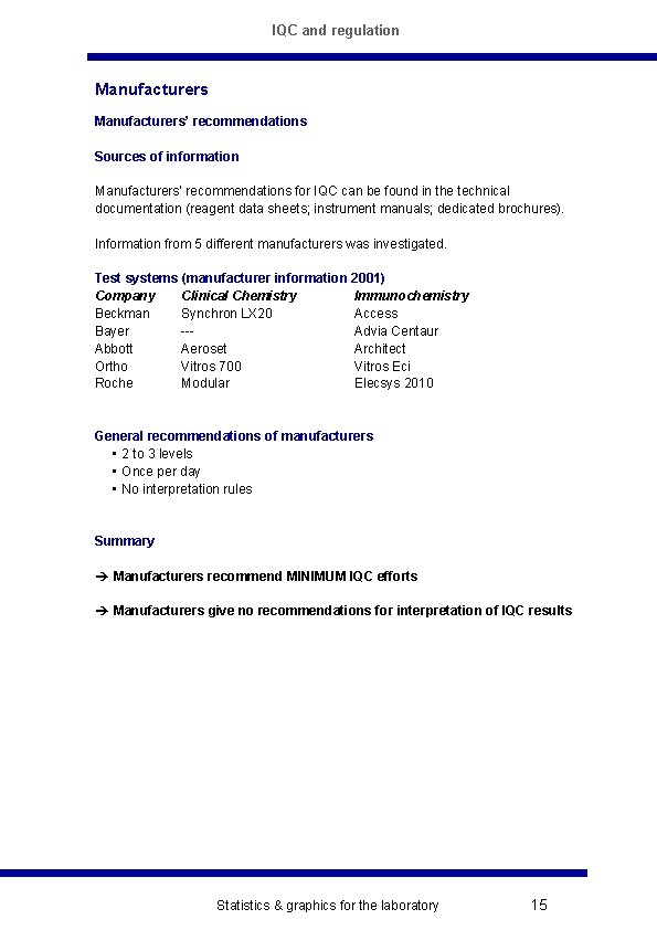 IQC and regulation Manufacturers’ recommendations Sources of information Manufacturers’ recommendations for IQC can be