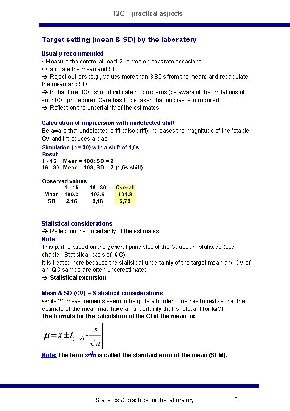 IQC – practical aspects Target setting (mean & SD) by the laboratory Usually recommended