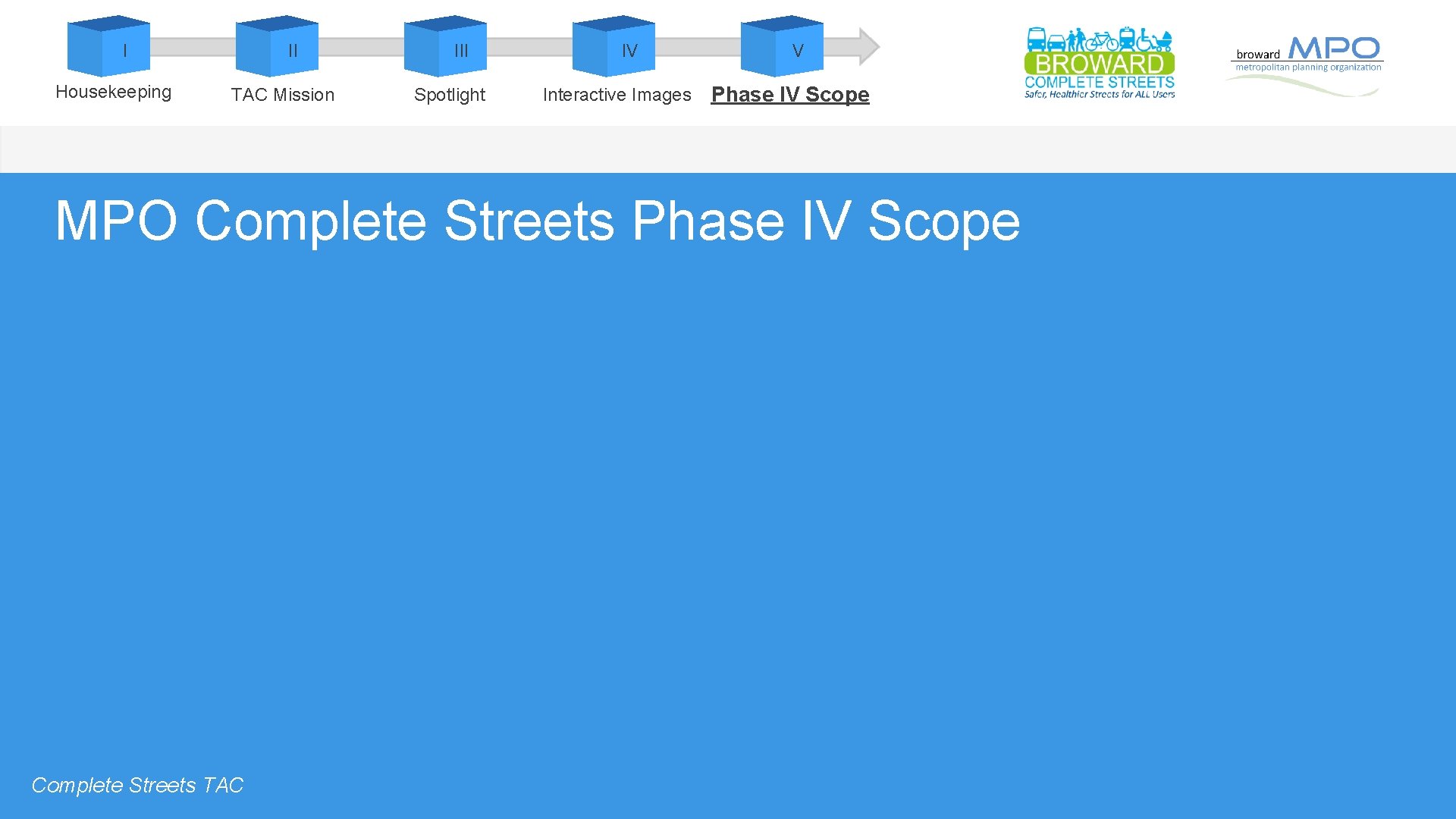 I Housekeeping II TAC Mission III Spotlight IV Interactive Images V Phase IV Scope