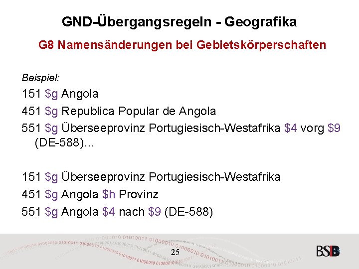 GND-Übergangsregeln - Geografika G 8 Namensänderungen bei Gebietskörperschaften Beispiel: 151 $g Angola 451 $g