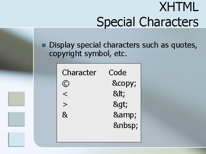 XHTML Special Characters n Display special characters such as quotes, copyright symbol, etc. Character