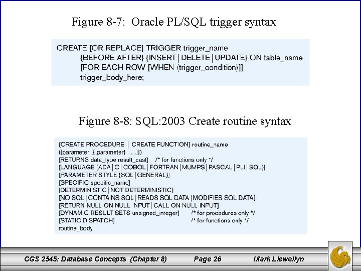 Figure 8 -7: Oracle PL/SQL trigger syntax Figure 8 -8: SQL: 2003 Create routine