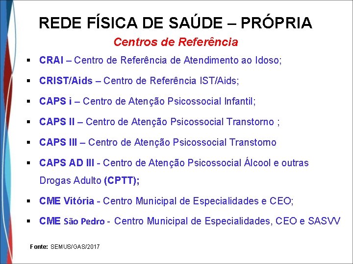 REDE FÍSICA DE SAÚDE – PRÓPRIA Centros de Referência § CRAI – Centro de