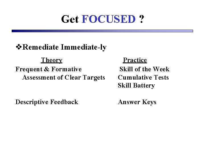 Get FOCUSED ? v. Remediate Immediate-ly Theory Frequent & Formative Assessment of Clear Targets