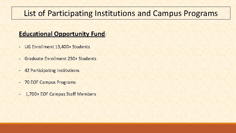 List of Participating Institutions and Campus Programs Educational Opportunity Fund: - UG Enrollment 13,