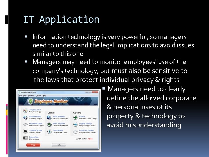 IT Application Information technology is very powerful, so managers need to understand the legal