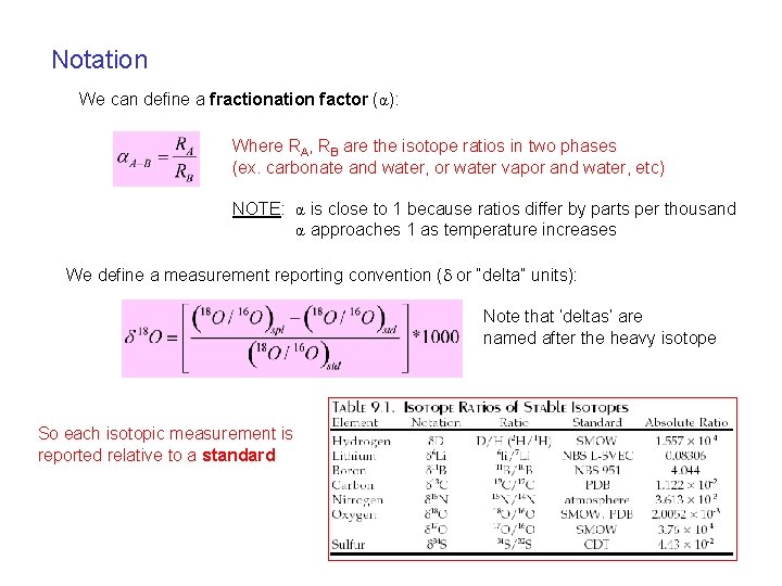 Notation We can define a fractionation factor (α): Where RA, RB are the isotope
