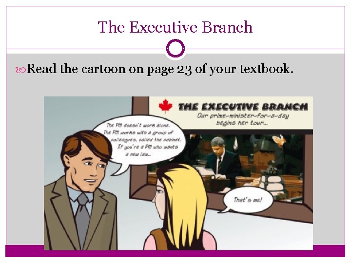 The Executive Branch Read the cartoon on page 23 of your textbook. 